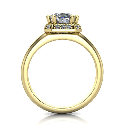 Maris oval vintage halo engagement ring in 18K Yellow Gold, through-finger front profile showing the geometric halo and gallery