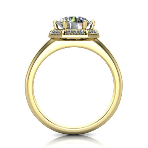 Maris round vintage halo engagement ring in 18K Yellow Gold, through-finger front profile showing the geometric halo and gallery