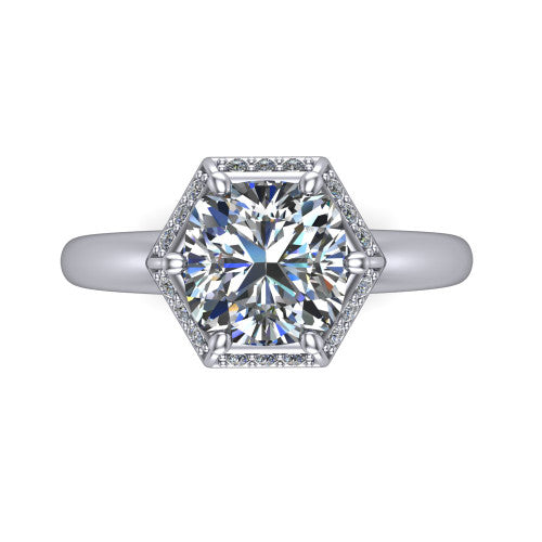 Maris cushion-cut vintage halo engagement ring in 14K White Gold, top-down view showing the cushion-cut center diamond framed by the geometric octagonal halo