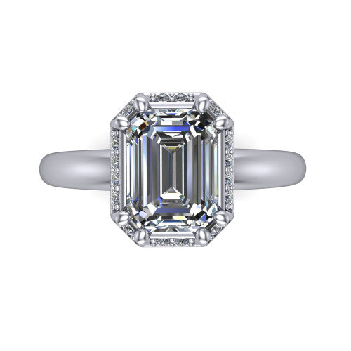 Maris emerald-cut vintage halo engagement ring in Platinum, top-down view showing the emerald-cut center diamond framed by the geometric octagonal halo