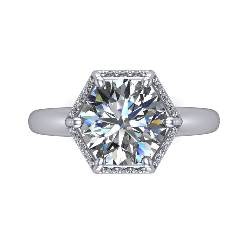 Maris round vintage halo engagement ring in Platinum, top-down view showing the round center diamond framed by the geometric octagonal halo