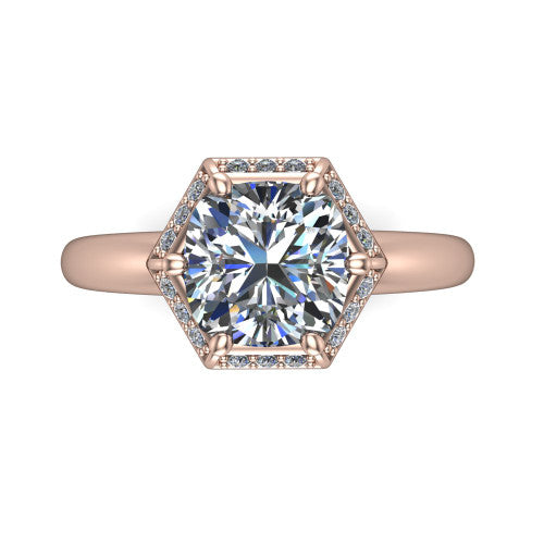 Maris cushion-cut vintage halo engagement ring in 14K Rose Gold, top-down view showing the cushion-cut center diamond framed by the geometric octagonal halo