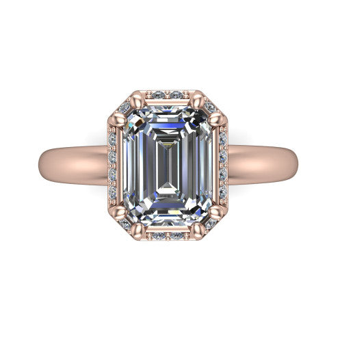 Maris emerald-cut vintage halo engagement ring in 14K Rose Gold, top-down view showing the emerald-cut center diamond framed by the geometric octagonal halo