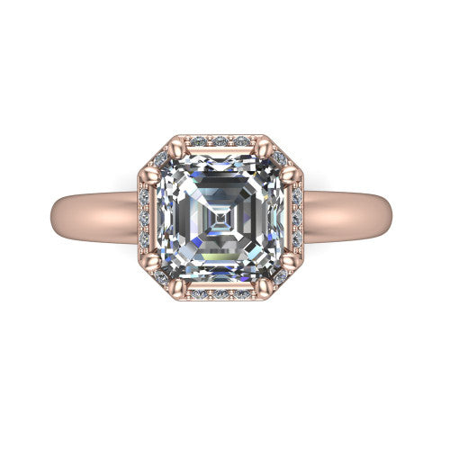 Maris square emerald-cut vintage halo engagement ring in 18K Rose Gold, top-down view showing the square emerald-cut center diamond framed by the geometric octagonal halo