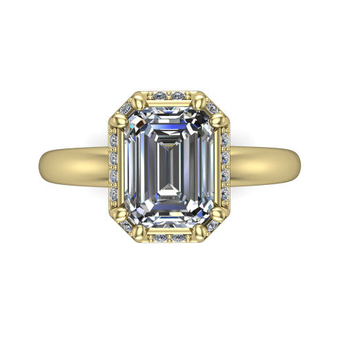 Maris emerald-cut vintage halo engagement ring in 18K Yellow Gold, top-down view showing the emerald-cut center diamond framed by the geometric octagonal halo