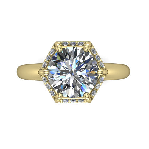 Maris round vintage halo engagement ring in 14K Yellow Gold, top-down view showing the round center diamond framed by the geometric octagonal halo