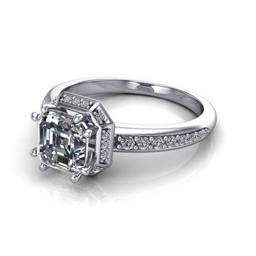 Tessa Square Emerald Shape Halo Engagement Ring in 18K White Gold