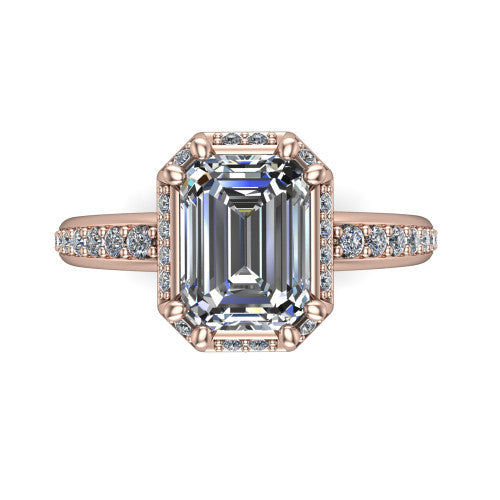 Tessa Emerald Shape Halo Engagement Ring in 14K Rose Gold
