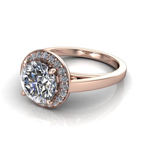 Coralie round halo engagement ring in 14K Rose Gold, three-quarter perspective showing the round center diamond, milgrain pavé halo, and polished band