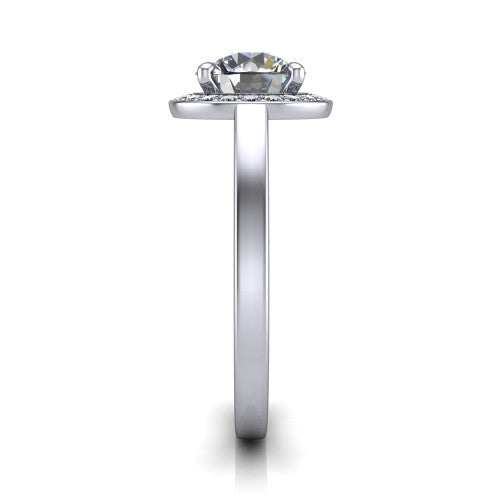 Coralie round halo engagement ring in 14K White Gold, side profile showing the pavé halo, filigree gallery, and polished band