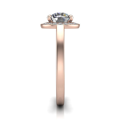 Coralie round halo engagement ring in 14K Rose Gold, side profile showing the pavé halo, filigree gallery, and polished band