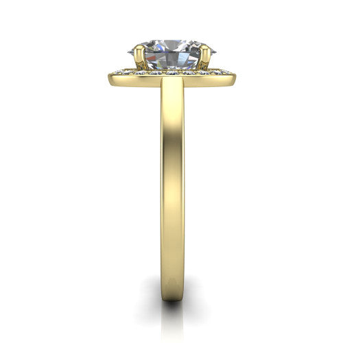 Coralie oval halo engagement ring in 14K Yellow Gold, side profile showing the pavé halo, filigree gallery, and polished band