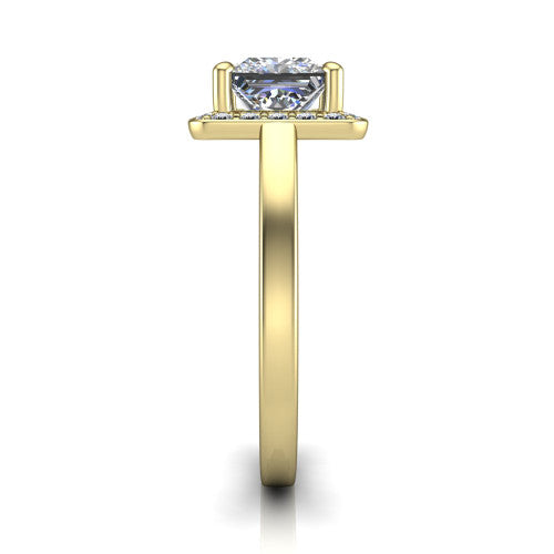 Coralie princess-cut halo engagement ring in 14K Yellow Gold, side profile showing the pavé halo, filigree gallery, and polished band