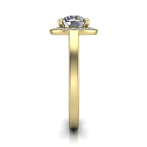 Coralie round halo engagement ring in 14K Yellow Gold, side profile showing the pavé halo, filigree gallery, and polished band