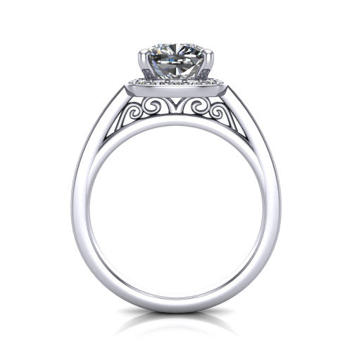 Coralie cushion-cut halo engagement ring in 14K White Gold, through-finger front profile showing the filigree scrollwork gallery beneath the halo
