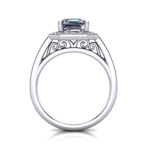 Coralie square emerald-cut halo engagement ring in 14K White Gold, through-finger front profile showing the filigree scrollwork gallery beneath the halo