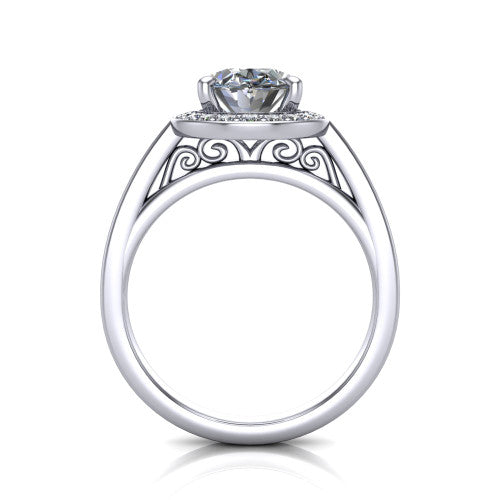 Coralie oval halo engagement ring in Platinum, through-finger front profile showing the filigree scrollwork gallery beneath the halo