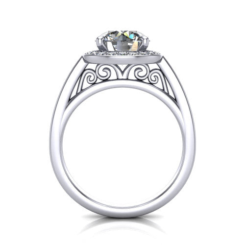 Coralie round halo engagement ring in 14K White Gold, through-finger front profile showing the filigree scrollwork gallery beneath the halo