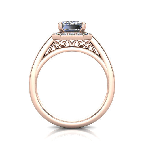 Coralie emerald-cut halo engagement ring in 18K Rose Gold, through-finger front profile showing the filigree scrollwork gallery beneath the halo