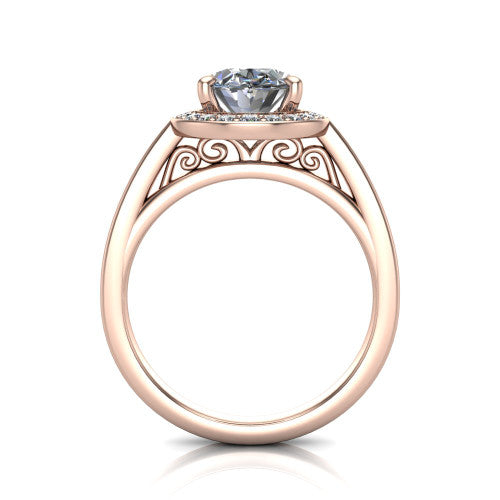 Coralie oval halo engagement ring in 14K Rose Gold, through-finger front profile showing the filigree scrollwork gallery beneath the halo