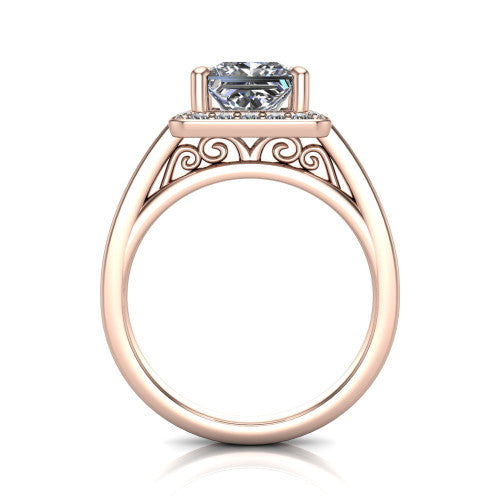 Coralie princess-cut halo engagement ring in 14K Rose Gold, through-finger front profile showing the filigree scrollwork gallery beneath the halo