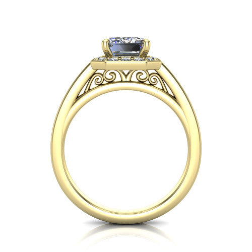 Coralie emerald-cut halo engagement ring in 14K Yellow Gold, through-finger front profile showing the filigree scrollwork gallery beneath the halo