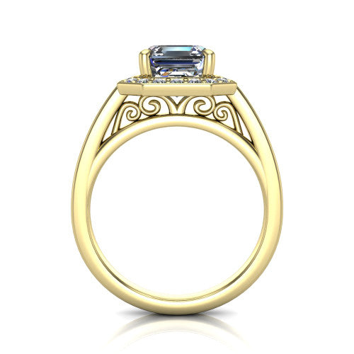 Coralie square emerald-cut halo engagement ring in 18K Yellow Gold, through-finger front profile showing the filigree scrollwork gallery beneath the halo
