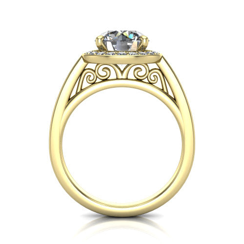 Coralie round halo engagement ring in 18K Yellow Gold, through-finger front profile showing the filigree scrollwork gallery beneath the halo