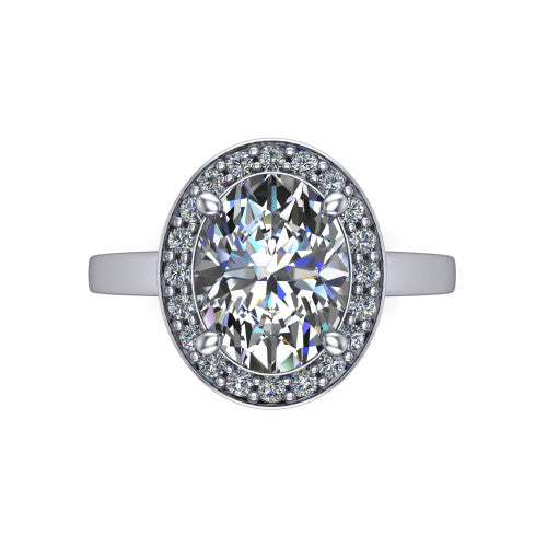 Coralie oval halo engagement ring in Platinum, top-down view showing the oval center diamond framed by the milgrain pavé halo