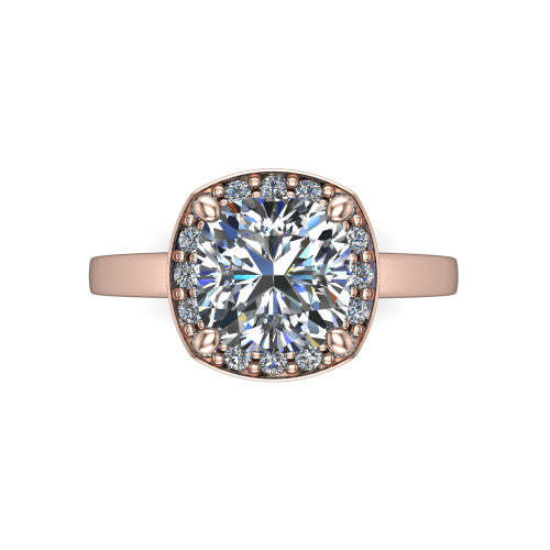 Coralie cushion-cut halo engagement ring in 14K Rose Gold, top-down view showing the cushion-cut center diamond framed by the milgrain pavé halo