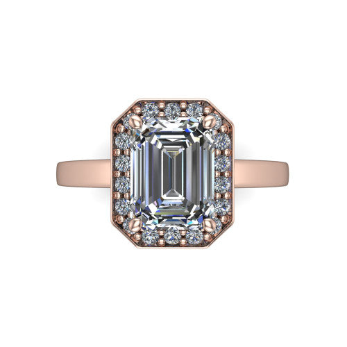 Coralie emerald-cut halo engagement ring in 18K Rose Gold, top-down view showing the emerald-cut center diamond framed by the milgrain pavé halo