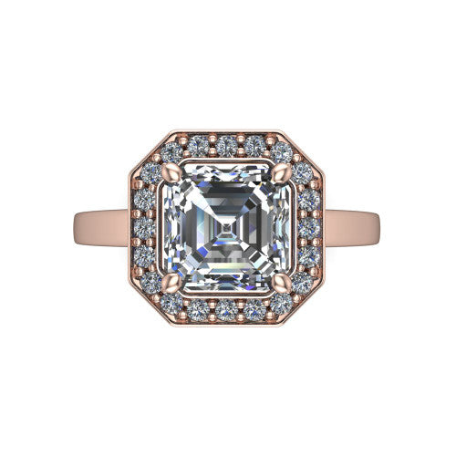 Coralie square emerald-cut halo engagement ring in 18K Rose Gold, top-down view showing the square emerald-cut center diamond framed by the milgrain pavé halo