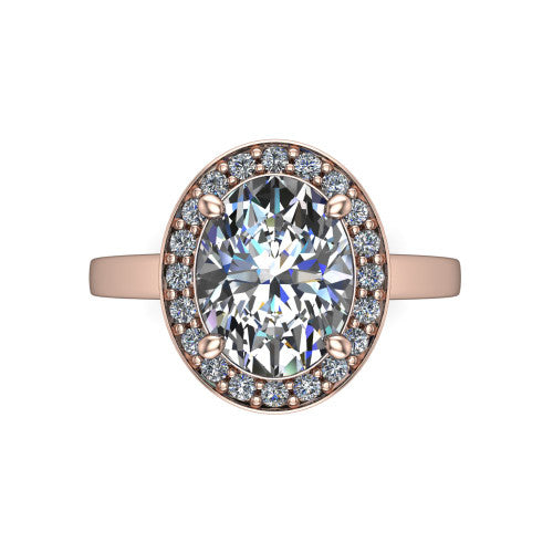 Coralie oval halo engagement ring in 14K Rose Gold, top-down view showing the oval center diamond framed by the milgrain pavé halo