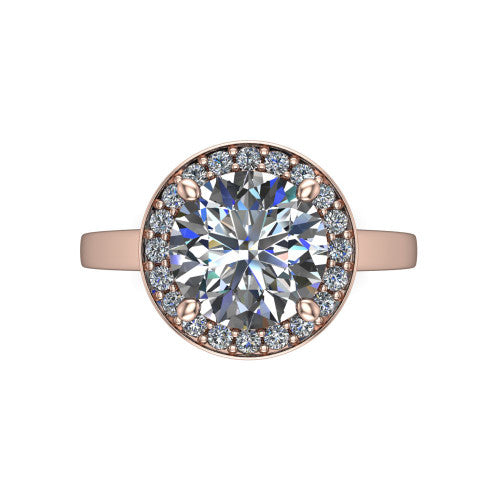 Coralie round halo engagement ring in 14K Rose Gold, top-down view showing the round center diamond framed by the milgrain pavé halo