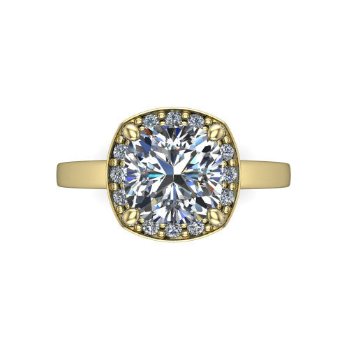 Coralie cushion-cut halo engagement ring in 14K Yellow Gold, top-down view showing the cushion-cut center diamond framed by the milgrain pavé halo