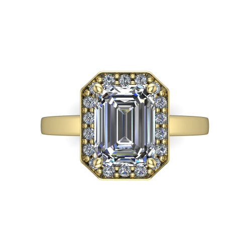 Coralie emerald-cut halo engagement ring in 14K Yellow Gold, top-down view showing the emerald-cut center diamond framed by the milgrain pavé halo