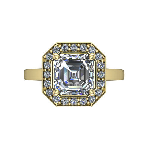 Coralie square emerald-cut halo engagement ring in 18K Yellow Gold, top-down view showing the square emerald-cut center diamond framed by the milgrain pavé halo