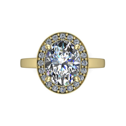 Coralie oval halo engagement ring in 14K Yellow Gold, top-down view showing the oval center diamond framed by the milgrain pavé halo