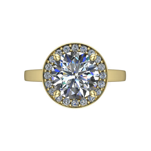 Coralie round halo engagement ring in 14K Yellow Gold, top-down view showing the round center diamond framed by the milgrain pavé halo