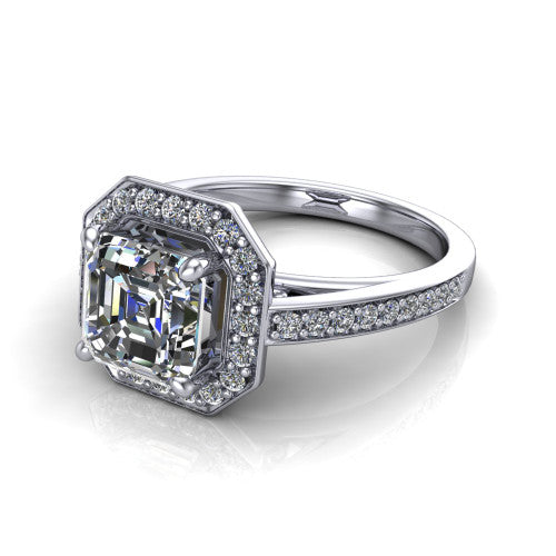 Danica Square Emerald Shape Halo Engagement Ring in Platinum