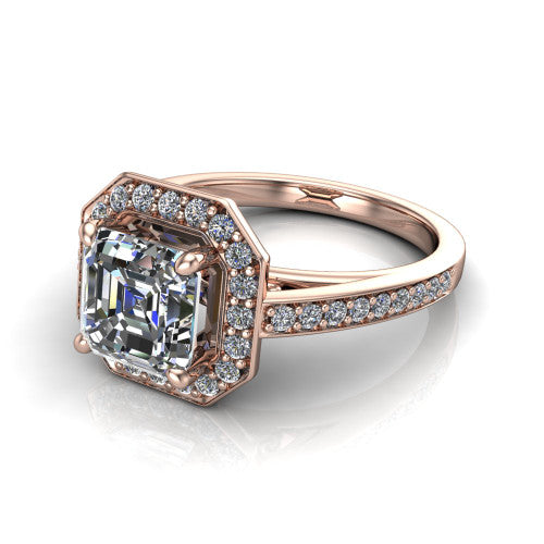 Danica Square Emerald Shape Halo Engagement Ring in 14K Rose Gold