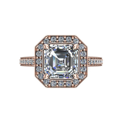 Danica Square Emerald Shape Halo Engagement Ring in 18K Rose Gold