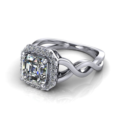 Demi square emerald-cut halo engagement ring in Platinum, three-quarter perspective showing the square emerald-cut center diamond, pavé halo, and infinity-twist shank