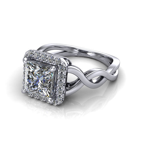 Demi princess-cut halo engagement ring in 18K White Gold, three-quarter perspective showing the princess-cut center diamond, pavé halo, and infinity-twist shank