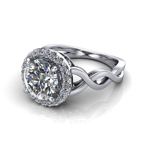 Demi round halo engagement ring in 14K White Gold, three-quarter perspective showing the round center diamond, pavé halo, and infinity-twist shank