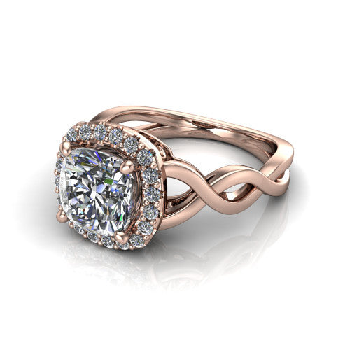 Demi cushion-cut halo engagement ring in 14K Rose Gold, three-quarter perspective showing the cushion-cut center diamond, pavé halo, and infinity-twist shank