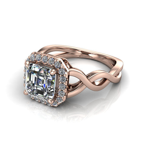 Demi square emerald-cut halo engagement ring in 14K Rose Gold, three-quarter perspective showing the square emerald-cut center diamond, pavé halo, and infinity-twist shank