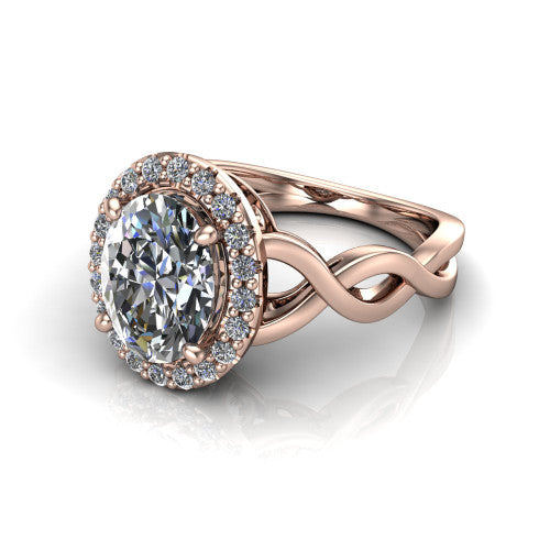 Demi oval halo engagement ring in 14K Rose Gold, three-quarter perspective showing the oval center diamond, pavé halo, and infinity-twist shank