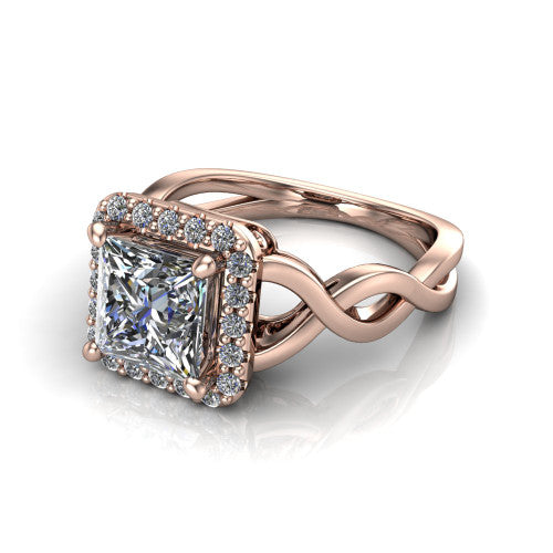 Demi princess-cut halo engagement ring in 18K Rose Gold, three-quarter perspective showing the princess-cut center diamond, pavé halo, and infinity-twist shank