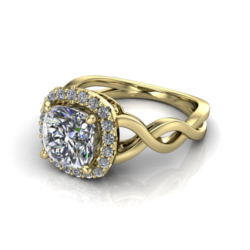 Demi cushion-cut halo engagement ring in 14K Yellow Gold, three-quarter perspective showing the cushion-cut center diamond, pavé halo, and infinity-twist shank